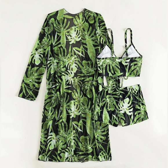 Tummy Control Swimwear, Tropical Print 3-pices Bikini Set in Green Size XL UK 16 - Picture 5 of 5